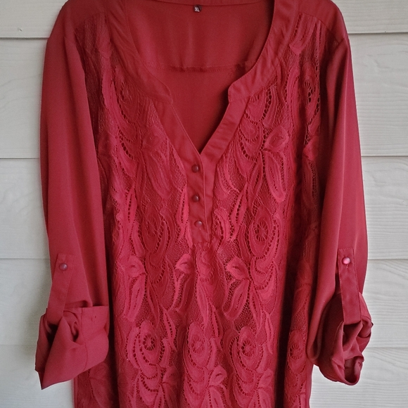 Rotita Red Burgundy Lace Overlay Long Roll-tab Sleeve V-neck Henley Tunic Top - Picture 12 of 16
